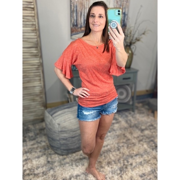 ❤️‍🔥Boat Neck Short Ruffle Bell Dolman Sleeve Top Coral 0922 - Picture 10 of 14